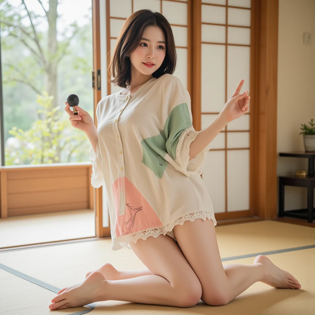(RAW Photos:1.2), (Realistic), Beautiful detailed girl, Very detailedな目と顔, Narrow and beautiful eyes, Large file size, High resolution, Very detailed, highest quality, [Tabletop:1.6], shape, Very detailed, Finer details, highest quality, 8k wallpaper, Cinema Lighting, 20 year old Japanese woman, Sitting in a room, A happy look, Twister in underwear, Underwear is visible, White bra visible, White panties are visible, long hair, Slender body, Young Face, Small breasts, Exposed underwear,  Relaxed look, Party in the girls room
