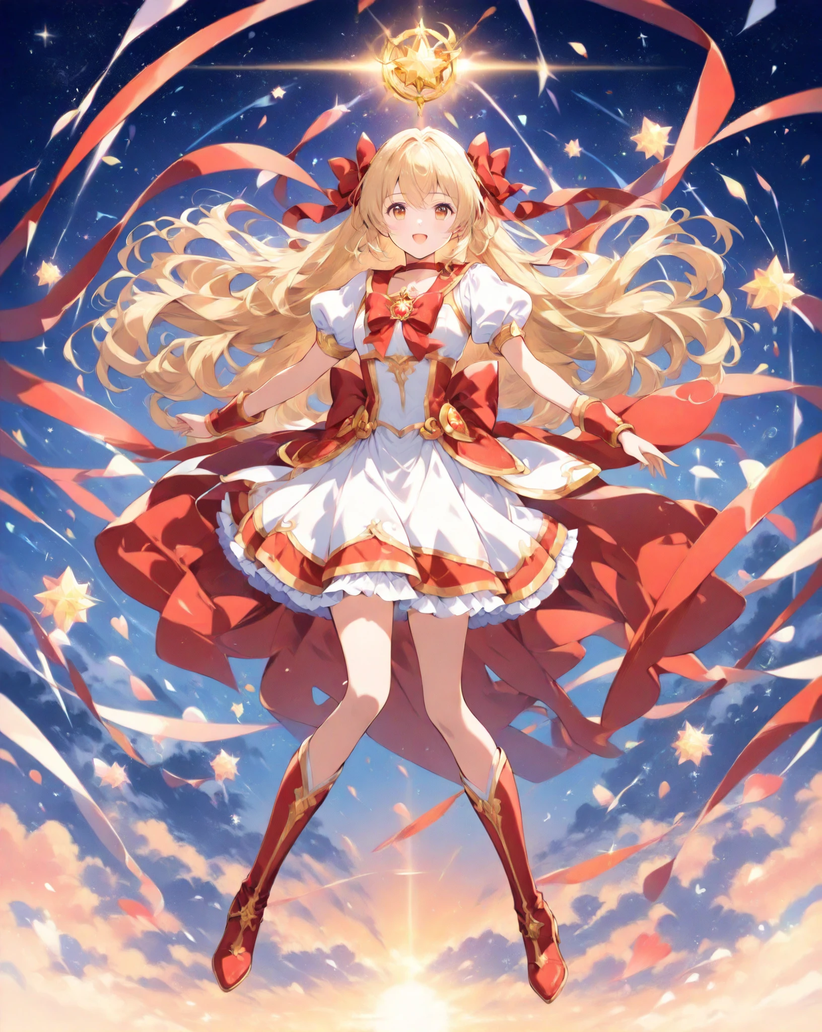 style of league of legends，Woman in off-the-shoulder clothing，Flying life-size colorful long hair，Serious expressions，complex clothing，Beautiful patterns are engraved on the clothes，Fair thighs exposed，Wear White Tights，The long skirt swayed in the wind，Fight in blood，Top image quality，extreme hight detail