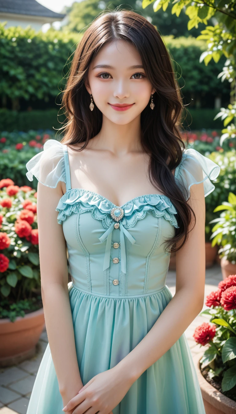 Nini / Ni Ni、Wearing a dress with a large opening that shows off her bodyline、Smile、whole body