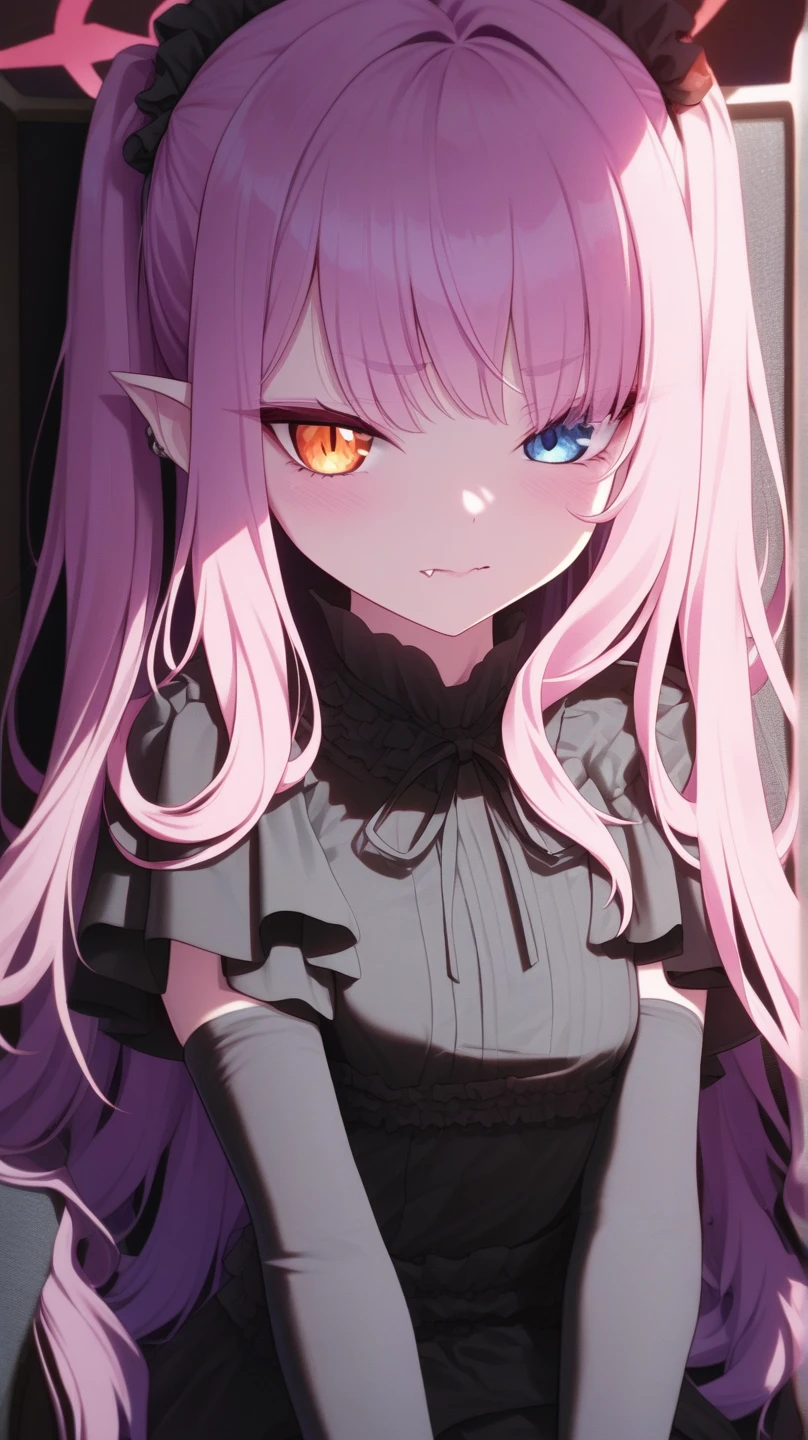 Arms over eyes, Sad, (crying:1.3), (dress:1.0), Innocent, Flat, Medium hair, Skirt, masterpiece, best quality, Side ponytail, (light pink hair:1.2), (light blue hair:1.0), (gradient hair:1.2), white horns, Pointy ears, layered, frills, bare shoulders, sleeves, (<lyco:dressLo:0.4>:1.0), <lyco:iselestia_cry_about_it:0.7>