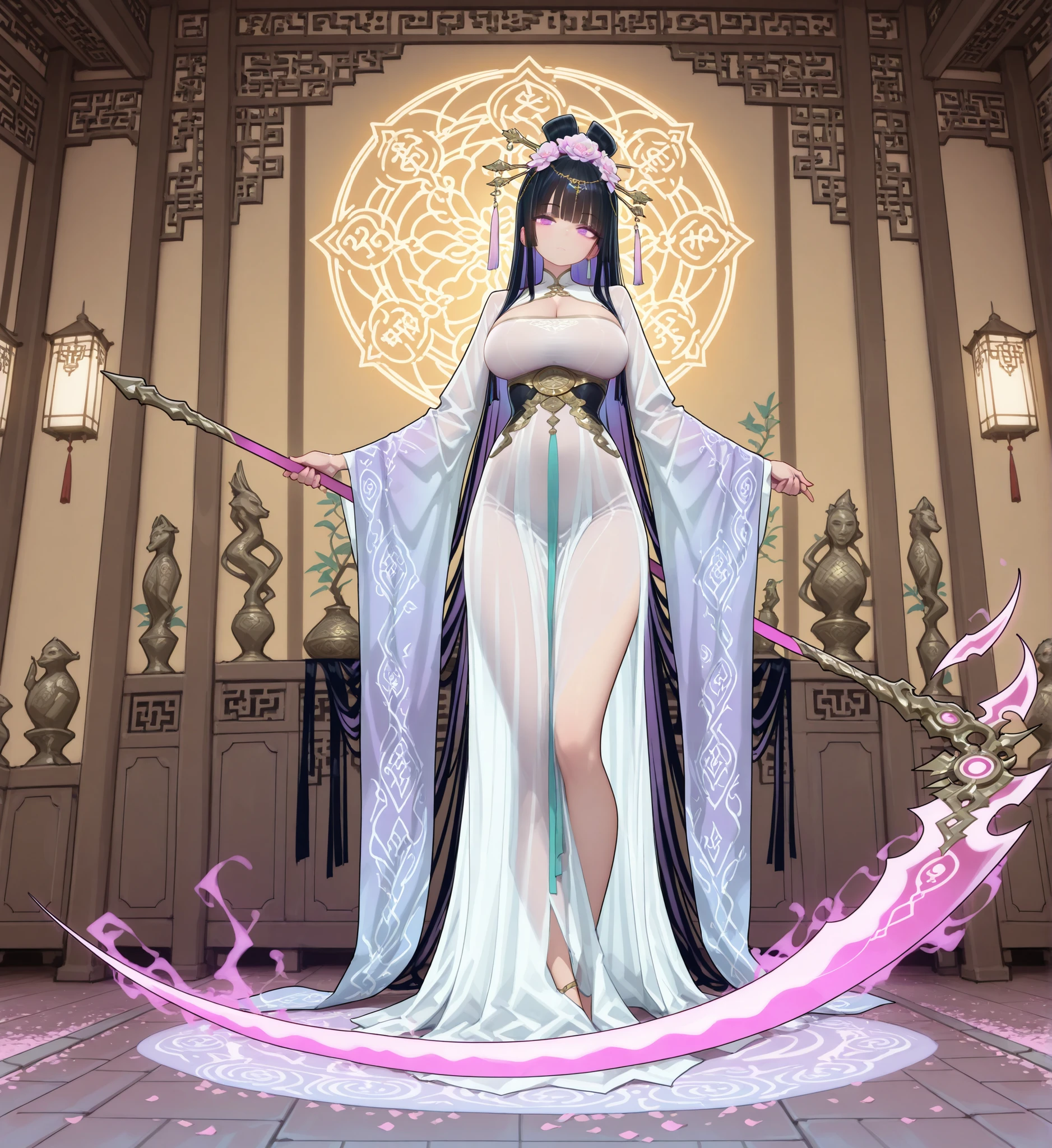 Masterpiece,A mysterious figure stands in a room,Seems like part of antiquity, Gorgeous corridors. The character wears a carefully crafted Chinese Hanfu transparent long dress with long black hair,Black long straight,Big breasts,with flowing and intricate patterns on the sleeves. shrouded in a divine light, Light up the stone path, , the bold orange, exudes an almost fiery aura. The bright presence of the character, standing,The above is written in Chinese characters. Flower headdress,A purple scythe on the back, Bright pink and purple energy expressions similar to flower petals or feathers {x} complement the calm yet dominant expression emphasized by mystical symbols. later, This costume incorporates the warmth of the earth Hues and bright highlights, Futuristic geisha style. Background, with its warm, ambient light , suggests a mysterious temple or shrine, evokes an ancient sense of wisdom and power.