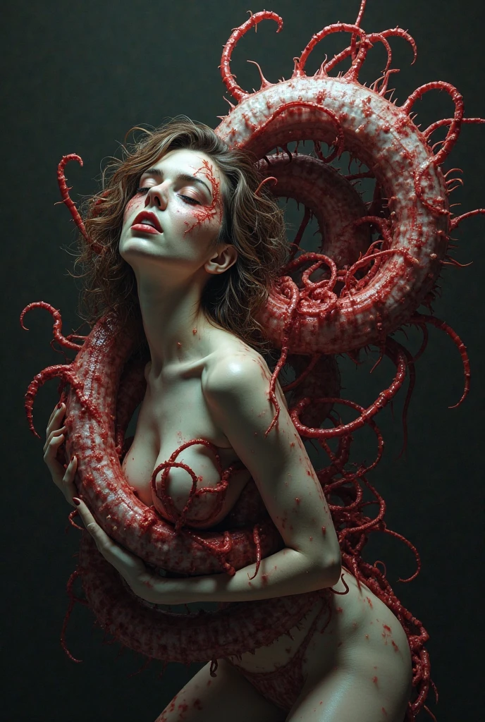 drawing of Medusa from naked Greek mythology, beautiful woman's face, red snake, semi-lying with open legs in sitting position naked body with snake skin, vagina in the shape of an open snake's mouth