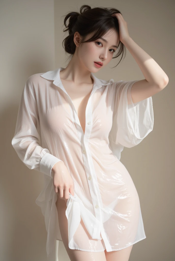 beautiful girl,sexy,Wear see-through pajamas,Wear shorts.,Kneeling on the floor