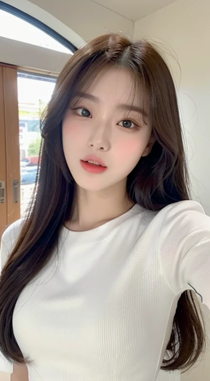 ((best quality, 8K, masterpiece, Clear focus )), 18 years old young Korean girl, ((Dark brown long hair, Huge breasts :1.3)), Slim abdominal muscles :1.2,((Round neck tight short T-shirt,Wearing a low-cut T-shirt :1.6,Cut-out chest top) ), (Wooden wall background :1.2), Highly detailed face and skin textures, Delicate eyes, Double eyelids, Toothy smile,sweet,cute,collagen,cosmetic