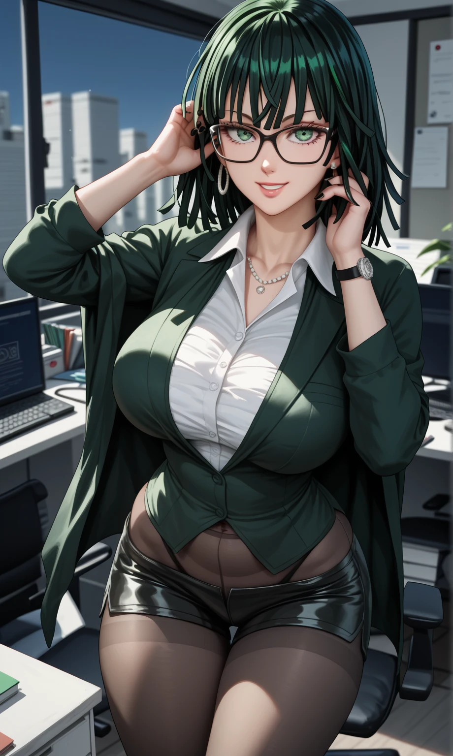 cute girl,(((1girl))),((girl with extremely cute and beautiful black hair)),
(Large breasts:1.4),(((black hair:1.35,colored inner hair,ear breathing,large hair,tomboy haircut))),(((green eyes:1.2))),intricate eyes,beautiful detailed eyes,symmetrical eyes,((fat)),((lustrous skin:1.5,bright skin: 1.5,skin tanned,shiny skin,very shiny skin,shiny body,plastic glitter skin,exaggerated shiny skin,illuminated skin,wet legs))),(spider lower abdomen,narrow waist,wide hip,athletic body,inflated legs,delicate detailed fingers,detailed body,human hands,(detailed face)),
cute,slutty,seductive,erotic,(((nsfw))),
((((glasses)))),(((wearing white formal blazer,black formal pants,))),(((huge cleavage))),((wet clothes,intricate outfit,intricate clothes)),
(dynamic pose:1.0),solo focus,embarrassed,(centered,scale to fit dimensions,Rule of thirds),
cyberpunk city by the ocean at night, with bright neon signs and dark stormy clouds and puddles, scenery:1.25,
highres, sharp focus, (ultra detailed, extremely detailed), (photorealistic artwork:1.37),(extremely detailed CG unity 8k wallpaper),((synthwave background theme)),(((vibrant colors))),(intricate background),(masterpiece),(best quality),