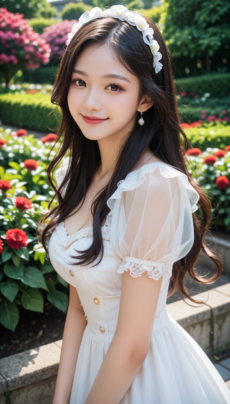 A sweet girl by the moutain，voluminous hair，Delicate face，Photorealsitic，of a real，largeaperture，wears a white dress，A cropped dress，Off-the-shoulder，A dress around the neck，Slim，smiles，Ultra-high resolution, Blurred background