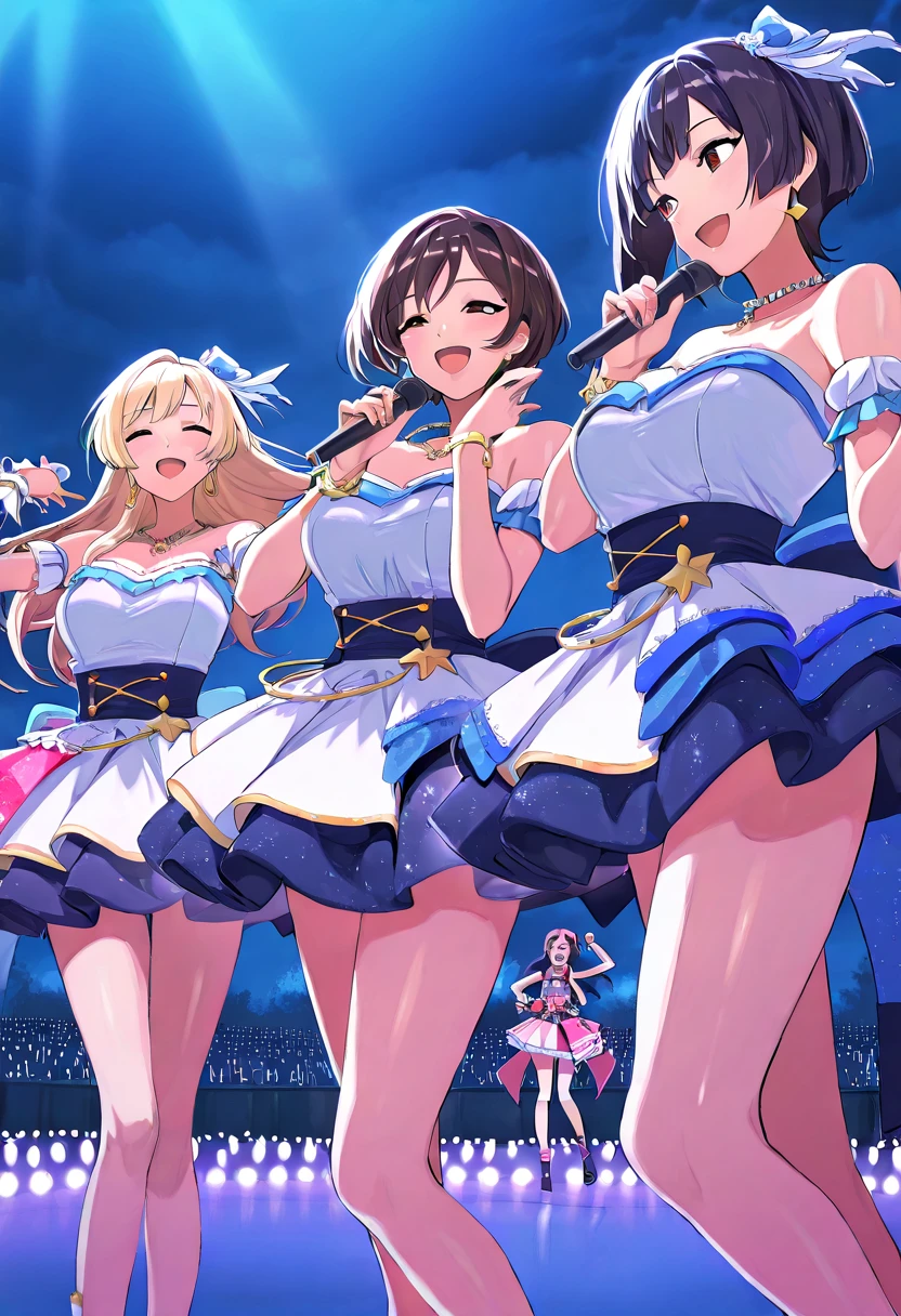 ((masterpiece、Highest quality、Official Art、Unity 8kwallpaper))、snap shot、Idol Concert、Concert Stage、(3 to 5 cute naked girls、12 years old、smile、Sing with a microphone、dance、Ribbon headband、Ultra mini skirt:1.2、Idol Costumes:1.2 )、Exposing the breasts、Hair of different colorr.々Hair style、(((Full nudity、Pussy、cute)))、(Sweat a lot、Glowing Skin)、Anime key visual, ((The characters are unique))
