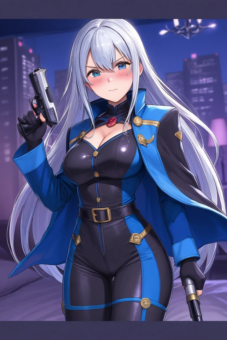 ultra-detailed, Explicit, Beautiful body, Beautiful Nose, Beautiful character design, perfect eyes, perfect face, ultra highres, 4K, beautiful legs, perfect legs, Nice hands, Perfect hand, Masterpiece, Best Quality, Highly detailed, illustration, absurdres, street fighter, doll suit, shadaloo doll, dollsuit, girls, multiple girls, expressionless, blank eyes, looking at viewer, red gloves, emotionless, black latex, corrution, mind control, female combatant, full body, hypnotized, unhappy trance, full body suit, ribbed bodysuit, both arms at side, stand up straight, obey, perfect female body, extremely glossy latex, hypnosis, hypnoLora, empty eyes, Mind control device, poses, brainwashed, submissive_pose, Slave, hat, necktie, stand up straight, standing, standing at attention, belt, extending the right arm from the shoulder into the air with a straightened hand, nazi saluting, military, military saluting, salute, right hand saluting, left hand at side, latex, garter belt, thighhighs, stakes of purgatory, leotard, frilled sleeves, blue jacket, back bow, black bow, cross, armor, fate grand order, white hair, grey eyes, Marie Alter, marie Antoinette, long hair