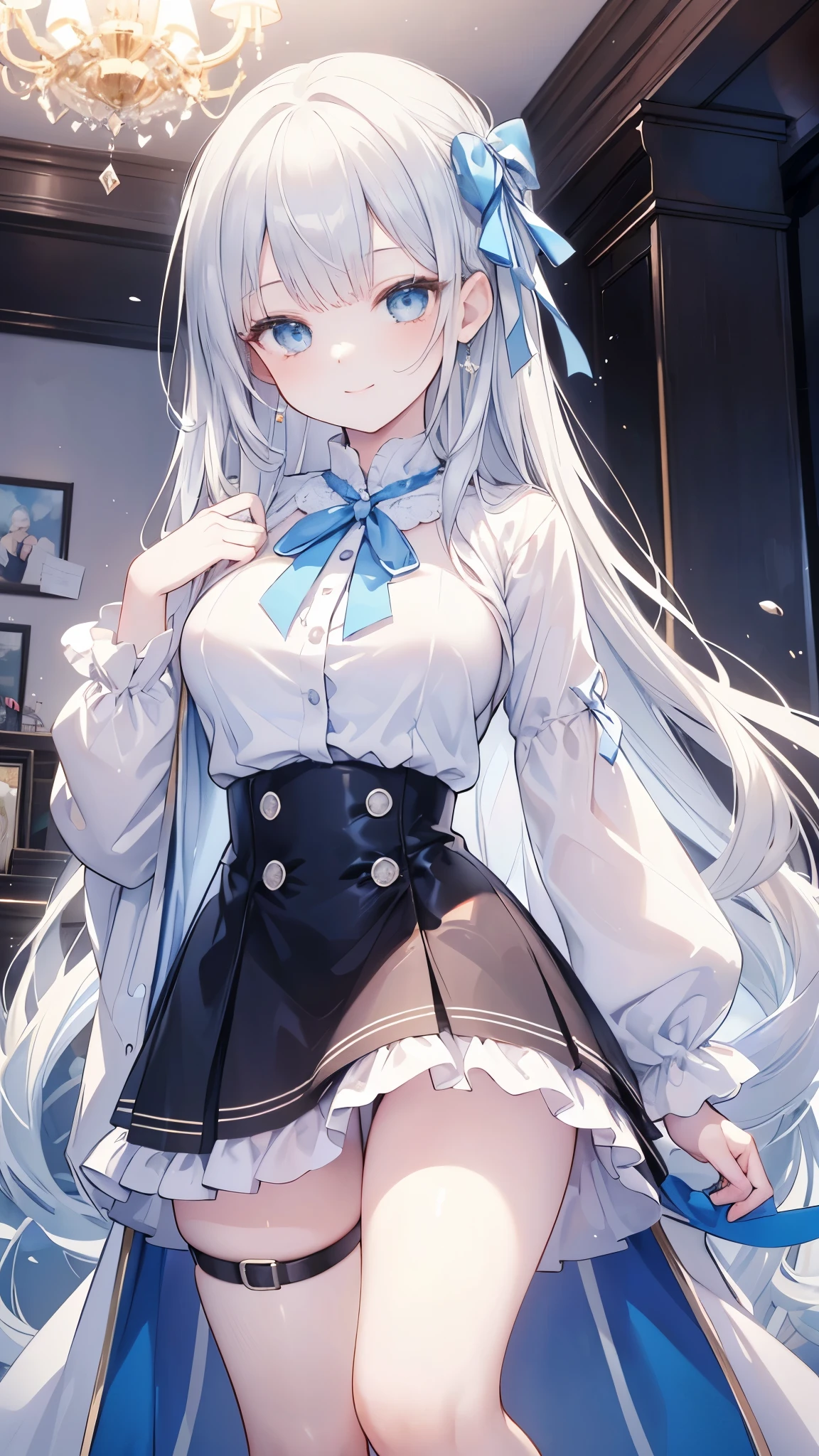 masterpiece, Highest quality, High resolution,Follow the on-screen instructions、Anime Style、Follow the prompts、One Girl、Long silver hair、、Grab your clothes and pull them up to your neck、mini skirt、