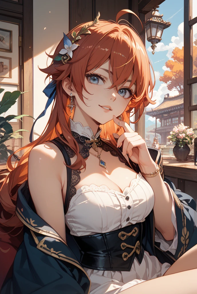 Kousaka Honoka, renowned for her ethereal beauty and enchanting presence, is revealed only from the waist up in this captivating portrait. Her magnificent blue eyes sparkle with wisdom beyond her years, while her cascading orange hair falls gracefully about her shoulders. Adorned in an elegant and tasteful dress that hugs her curvy figure, she exudes elegance and grace. The meticulously crafted hairstyle adds to her allure, framing her face perfectly. This painting captures Honoka at the height of her charm and serenity, showcasing why she commands such admiration among those fortunate enough to behold her.