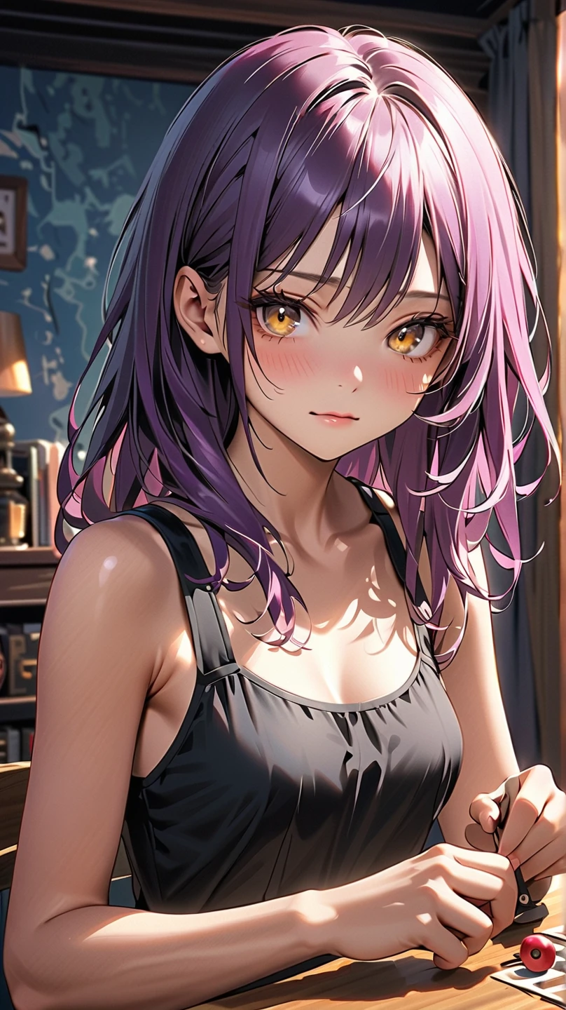 Purple hair, Purple eyes, Deep tanned skin