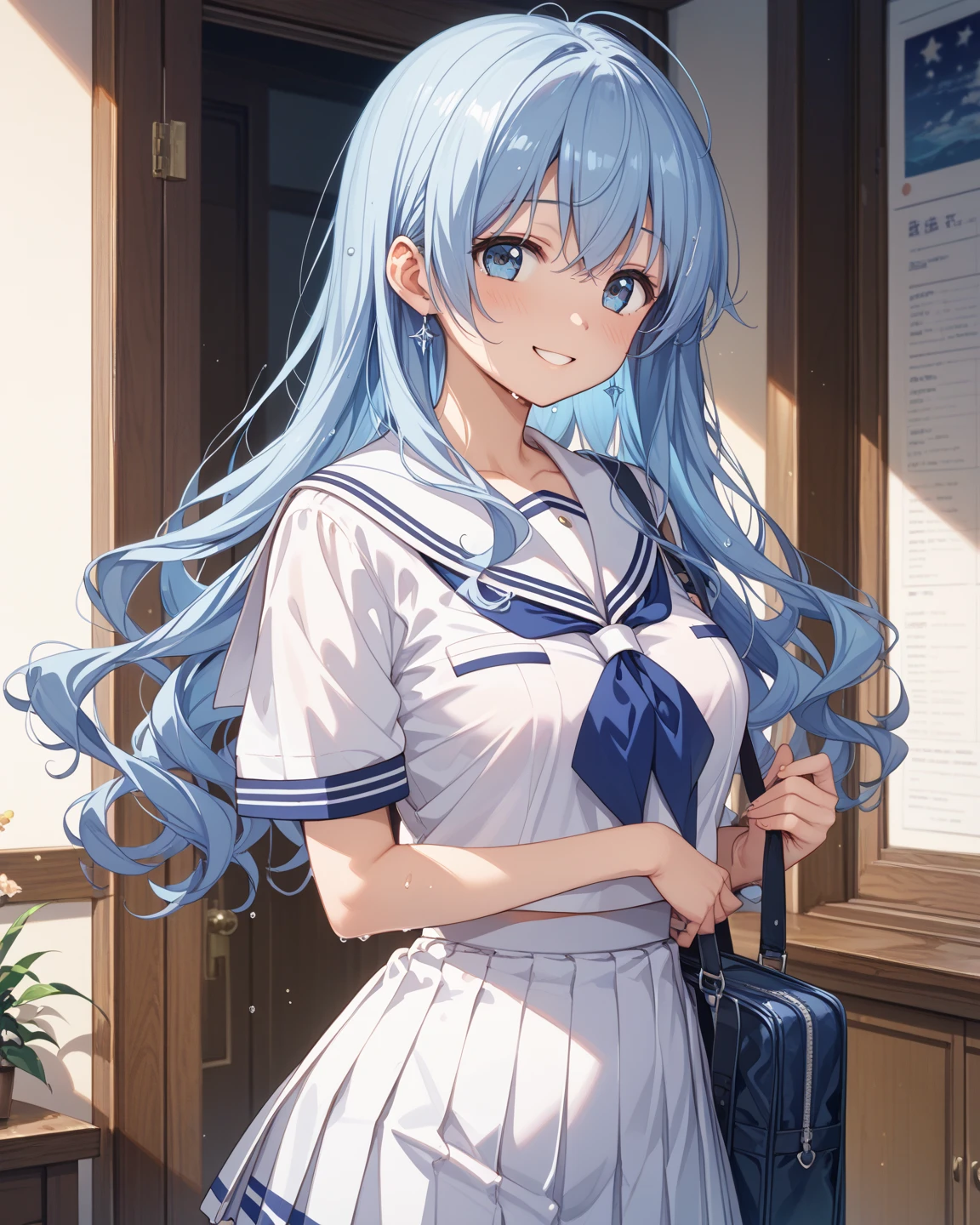 (masterpiece, top quality, very aesthetic, super detailed), intricate detail, 1girl,stand、cowboy shot:1.3、
kind eyes、tareme:1.4,Hollow Eyes:1.3、Cute Face、blue hair:1.5、middle hair,sidelock :1.4,,blue eyes:1.2、clear face、solo、sailor uniform、medium breasts,Slim Body、JK