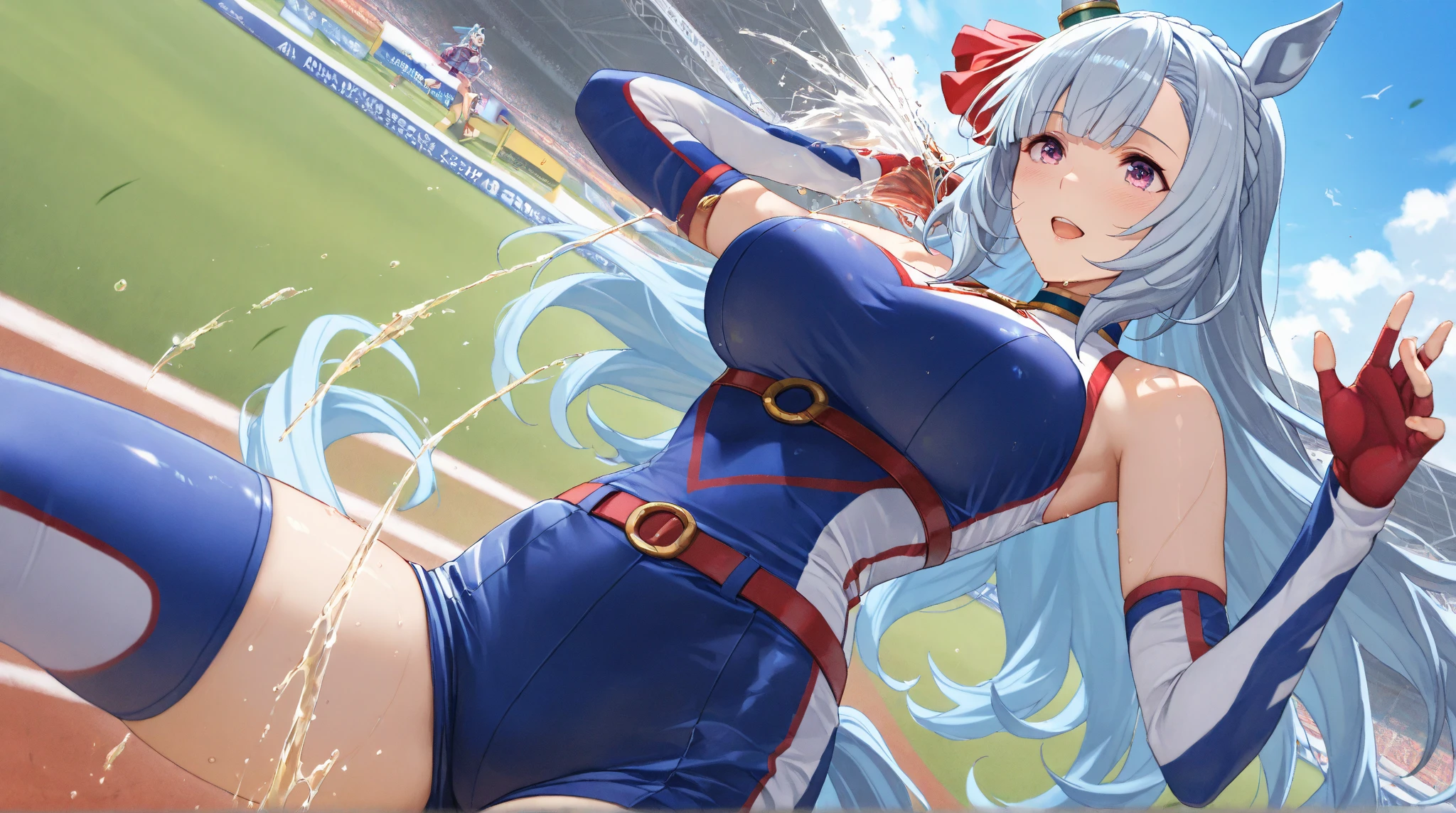 masutepiece、hiquality、Hi-Res、8K、1 persons、femele、Hair collection、Big eyes with double eyelids、lofty nose、Thick lip、Sunburn marks(1.3)、ample breasts、thin-waist、(((Competitive Swimwear)))、(round big buttocks)、((Stick your butt out))、hairarmpits、bbw(1.2)、in poolside、stadio、Summer sky、cumulonimbus clouds、Strong sunshine、beatiful backgrounds、captured from behind、Accurate drawing、Detailed drawing、Perfect Beautiful Girl、Perfect Photo
