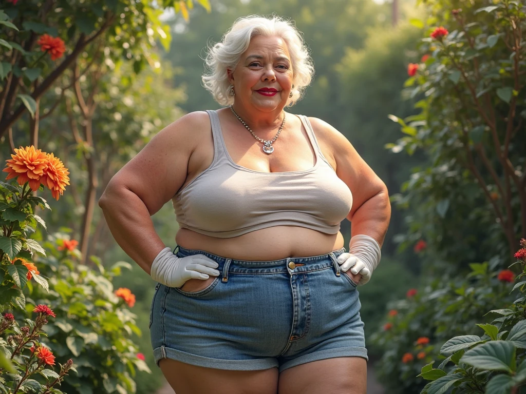 Overweight elder 70 years old American aged women wearing denim shorts .with red lipstick white gloves and white hairs looking so hot while posing inside her garden