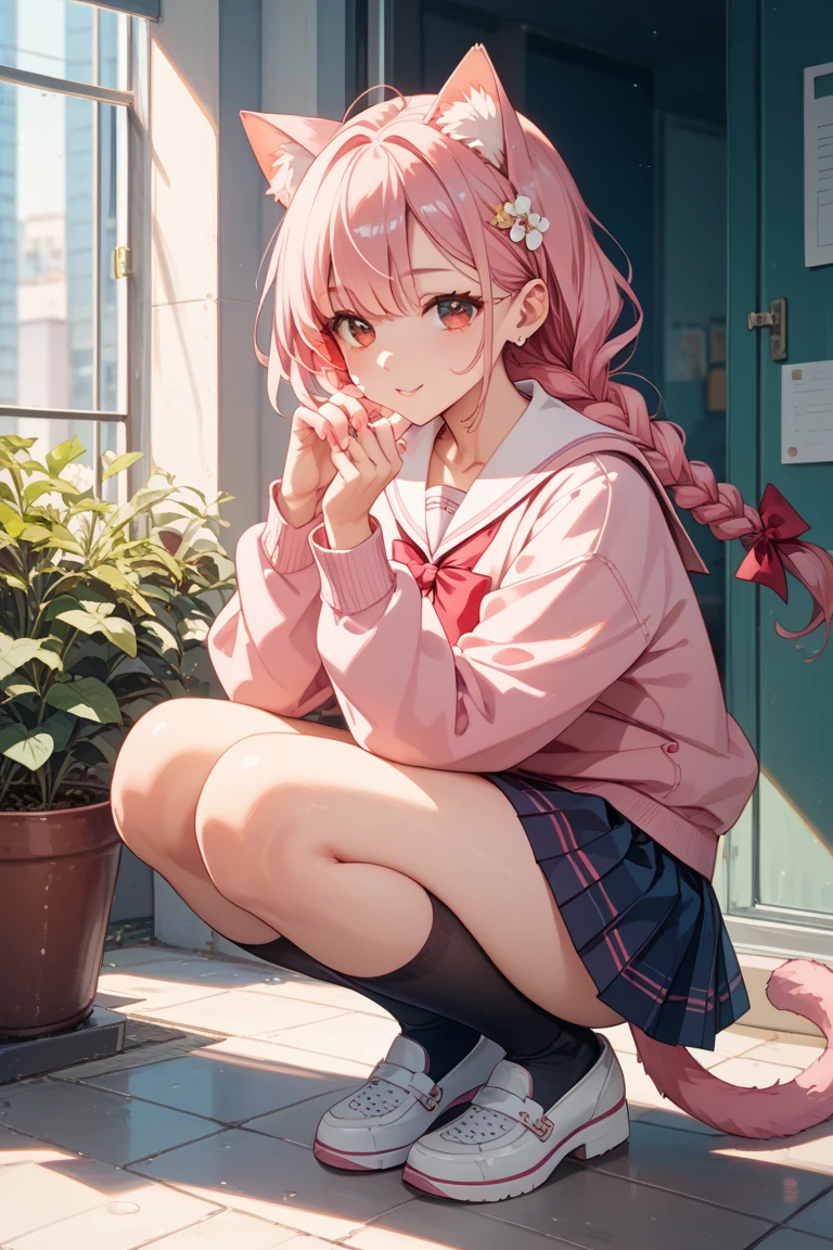 1girl, Cute pink underwear, Squatting panchira, school uniform, pink hair, worried, from below, look at viewer