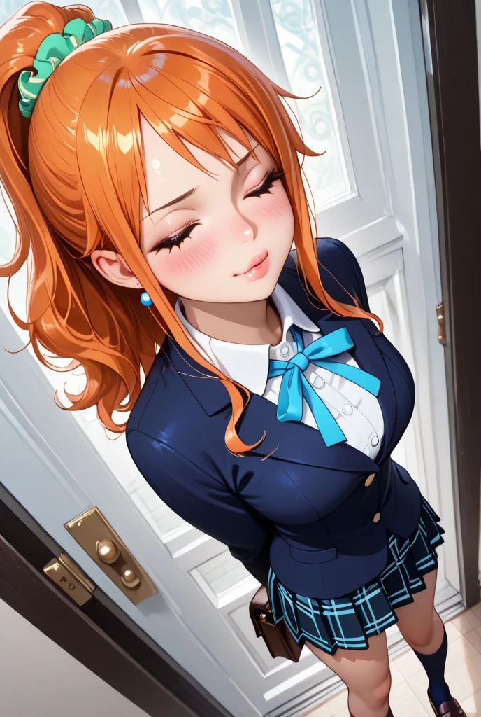 masterpiece, best quality, ultra-detailed, kawaii, cute, lovely, sexy, ero, extremely detailed, 4K, 8K, best quality, beautiful, anime style, school, a cute girl, 1girl, solo, school uniform, beautiful yellow hair, beautiful orange eyes, beautiful eyes, large breast, smile, Upper body, Focus on the face,