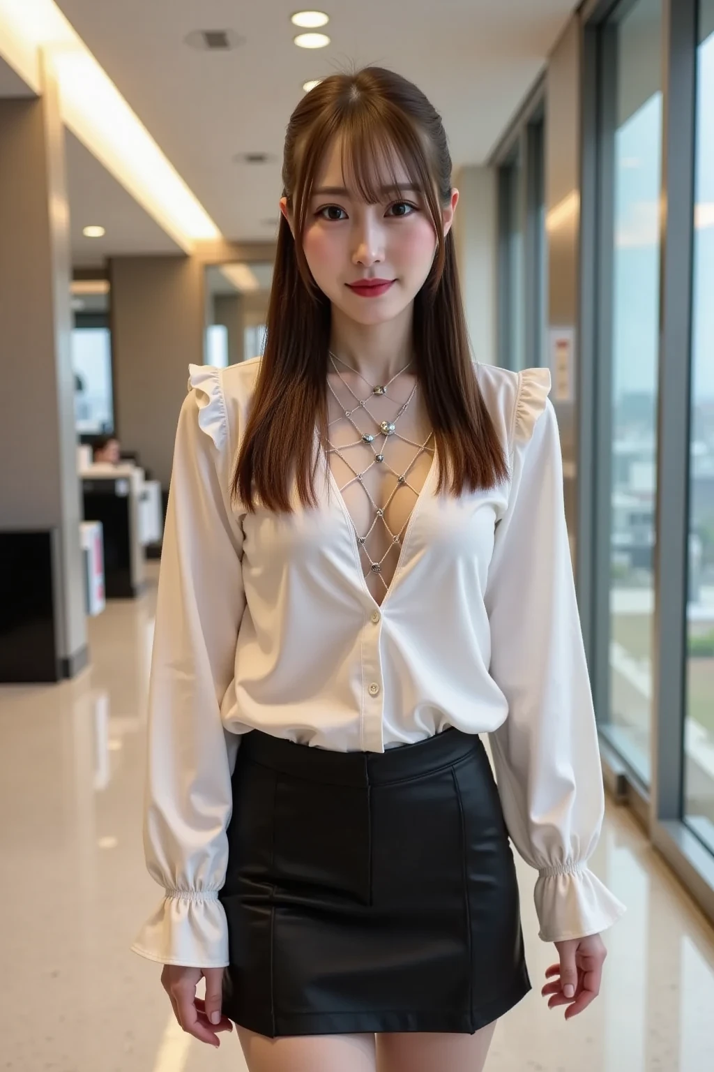 (translucent:1.2), 1girl, ((dark long hair with bangs)), looking at viewer, sexy office lady, japan background, (dramatic angle, dynamic pose),