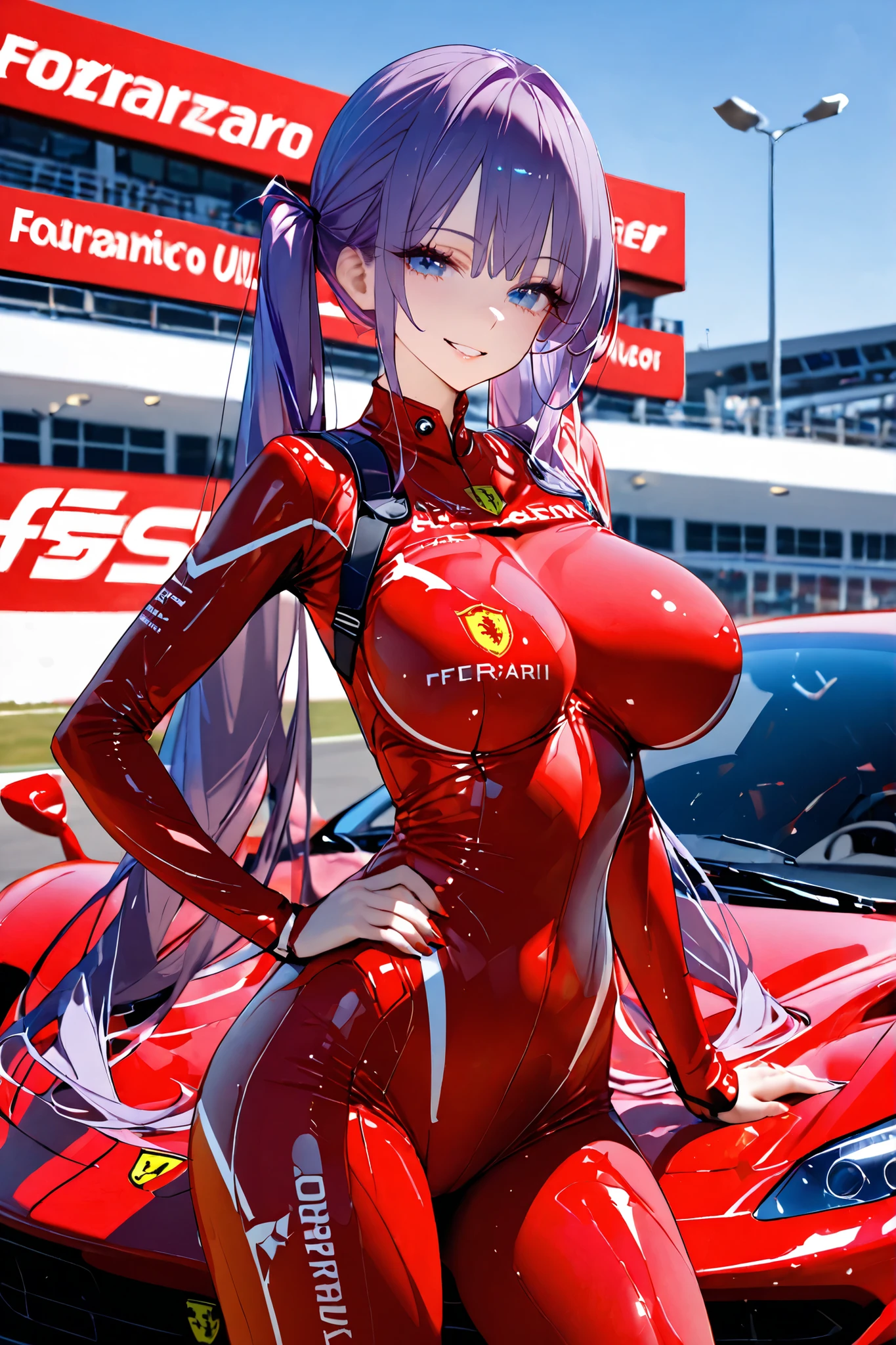 ⚡🌌✨🤖A semi-realistic ultra high quality image of a sexy sensual anime mechanic-girl standing in front of a Ferrari sport car in sexy sensual pose, wear a red mechanic-suit with text-sponsor, big breast, ultra tight suit, very long twintails Purple hair, looking the viewer, sensual face, female smile, amazing pretty lightblue eyes, outdoor, in background a car-circuit.
