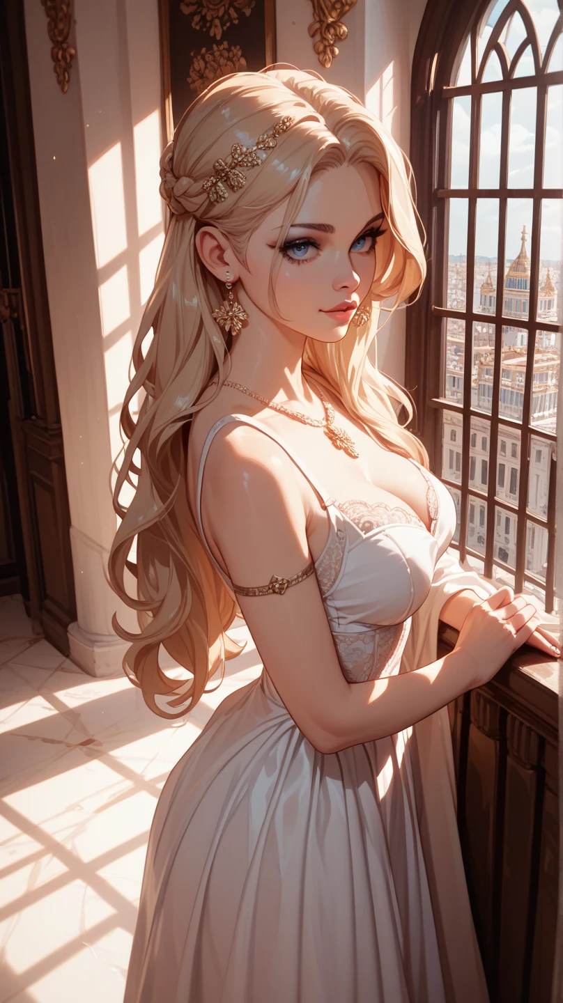 Pose: (masterpiece), (best quality), (detailed), light layer, 1solo girl, young girl, perfect body defined chest, defined collarbone seated with one hand gently resting on her neck or collarbone. Her fingers should be relaxed, creating a delicate and graceful touch. Her body can be slightly angled to highlight the gentle gesture, with her other hand resting softly at her side or on her lap.
Expression: Calm and introspective, with a soft smile or a thoughtful gaze that conveys a sense of reflection and self-awareness.
Attire: Elegant and refined outfit such as a Corset Flared Crisscross Strap Dress, Punk Sleeveless Dress  that complements the serene mood.
Hair: Styled neatly, blonde straight hair, enhancing the reflection.
Makeup: Subtle yet refined, with a focus on eyes and lips to create a balanced and elegant look in both the reflection and the main image.
Background: A softly lit room with an elegant mirror, such as a bedroom vanity, a grand hallway, or a minimalist bathroom that adds sophistication to the scene.
Lighting: Soft, diffused lighting that illuminates both her face and the reflection, creating a gentle glow and emphasizing the duality of the image.
Accessories: Delicate and minimal, such as a simple necklace, a pair of earrings, or a stylish watch, adding a touch of elegance without overpowering the scene.
Props: Optional, such as a small perfume bottle, a brush, or a piece of jewelry placed on the vanity, enhancing the reflective atmosphere.
Mood: Reflective, serene, and elegant.