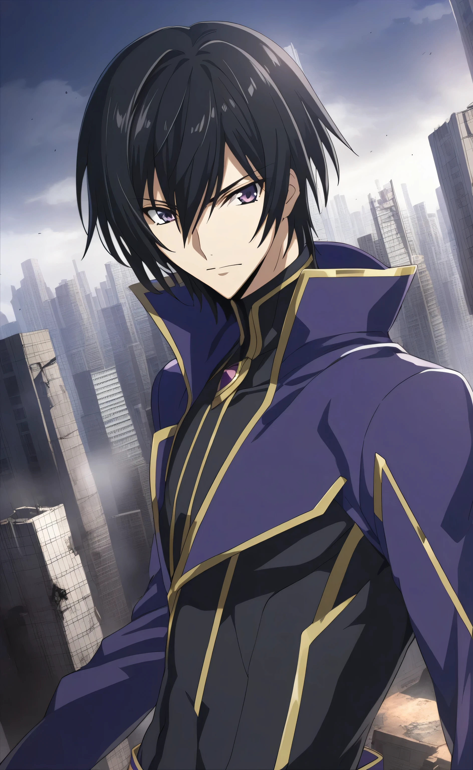 1male,solo,Lelouch Lamperouge,black hair,short hair,hair between eye,bang,black bodysuit,apocalypse city background,Gundam 00 Style,