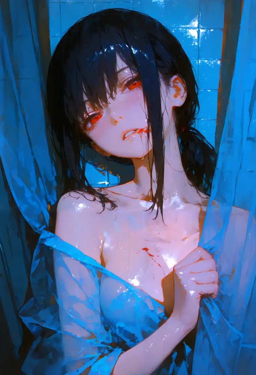 absurderes、masterpiece、top-quality、realisitic、Hyper-detailing、(skin gloss、Sweatiness:1.4)、(((Angle from directly above)))、(One Woman、独奏、long hair that is wet、Detailed body、A detailed face)、(Upper body 、Pantirneath)、(Thigh:0.5)、动态照明、hight resolution、foco nítido、depth of fields、((small tits、very slr body、thin neck、skinny thigh)),((Sit with your knees bent、I am holding a transparent male organ in my hand and sucking it)),(oppen mouth、Stick out your tongue、red blush、A wistful look、Staring at the viewer)、((Half body shot,POV、up of face))、(inside in room、Background blur),