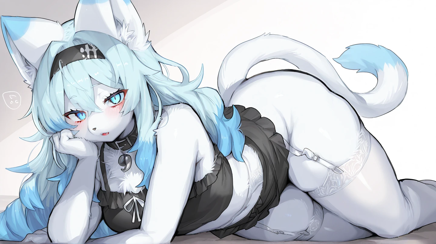 Beautiful knight princess in big tail skunk costume with black and white pattern、A fart with a butt sticking out through white underwear It has a large tail length hair Beast ears on the head