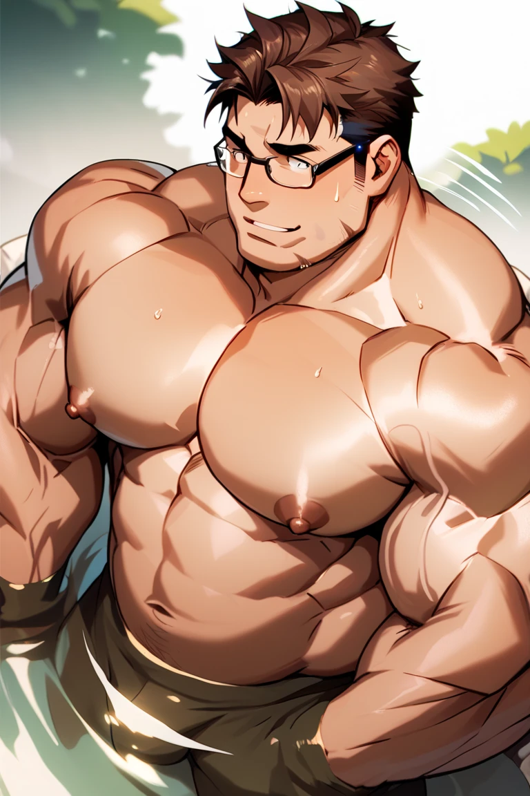 naked man, hunk, armpit hair, muscle, penis, black skin tone, no underwear, glasses, nude, penis, balls.