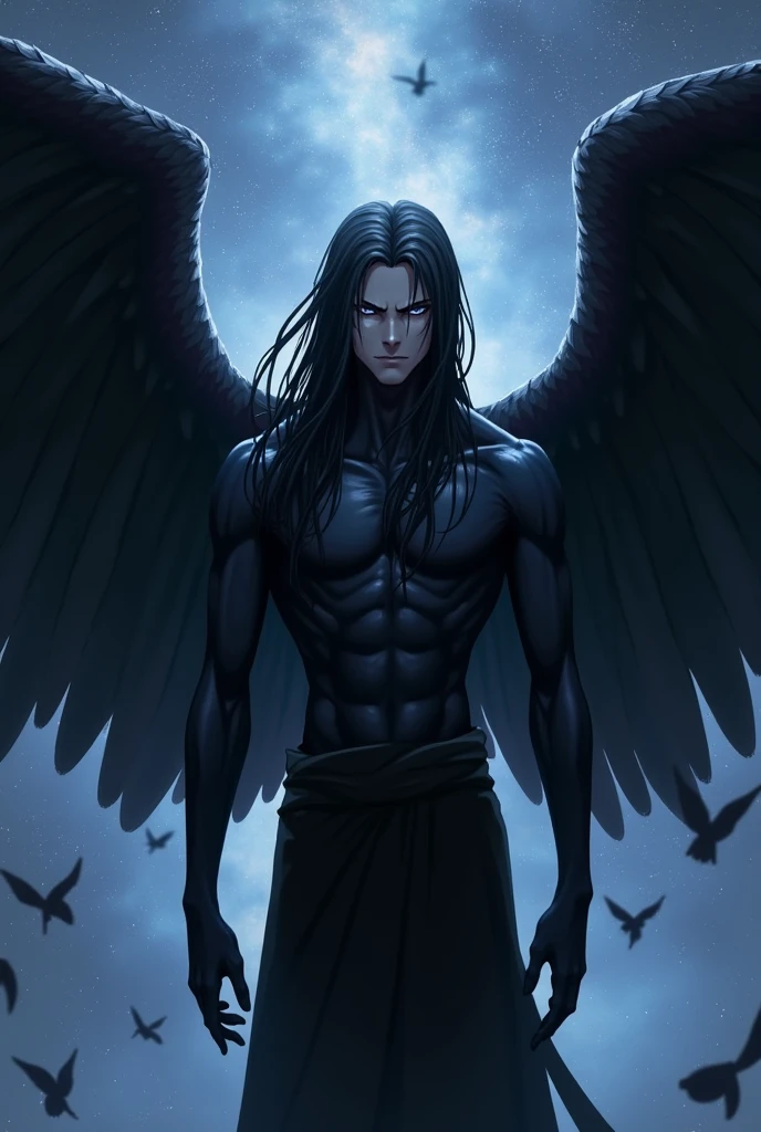 angel with broken black wings, very long black hair, angry look, sad eyes, muscular body, chained by hands and feet inside a dark cave.