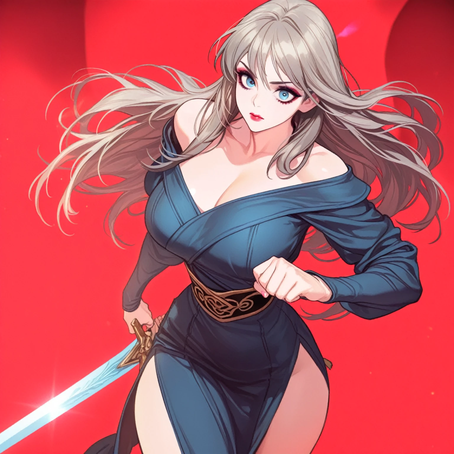 A lovely woman, business attire, confident stance, wielding a laser sword ramen advertisement 'obliterate your hunger'