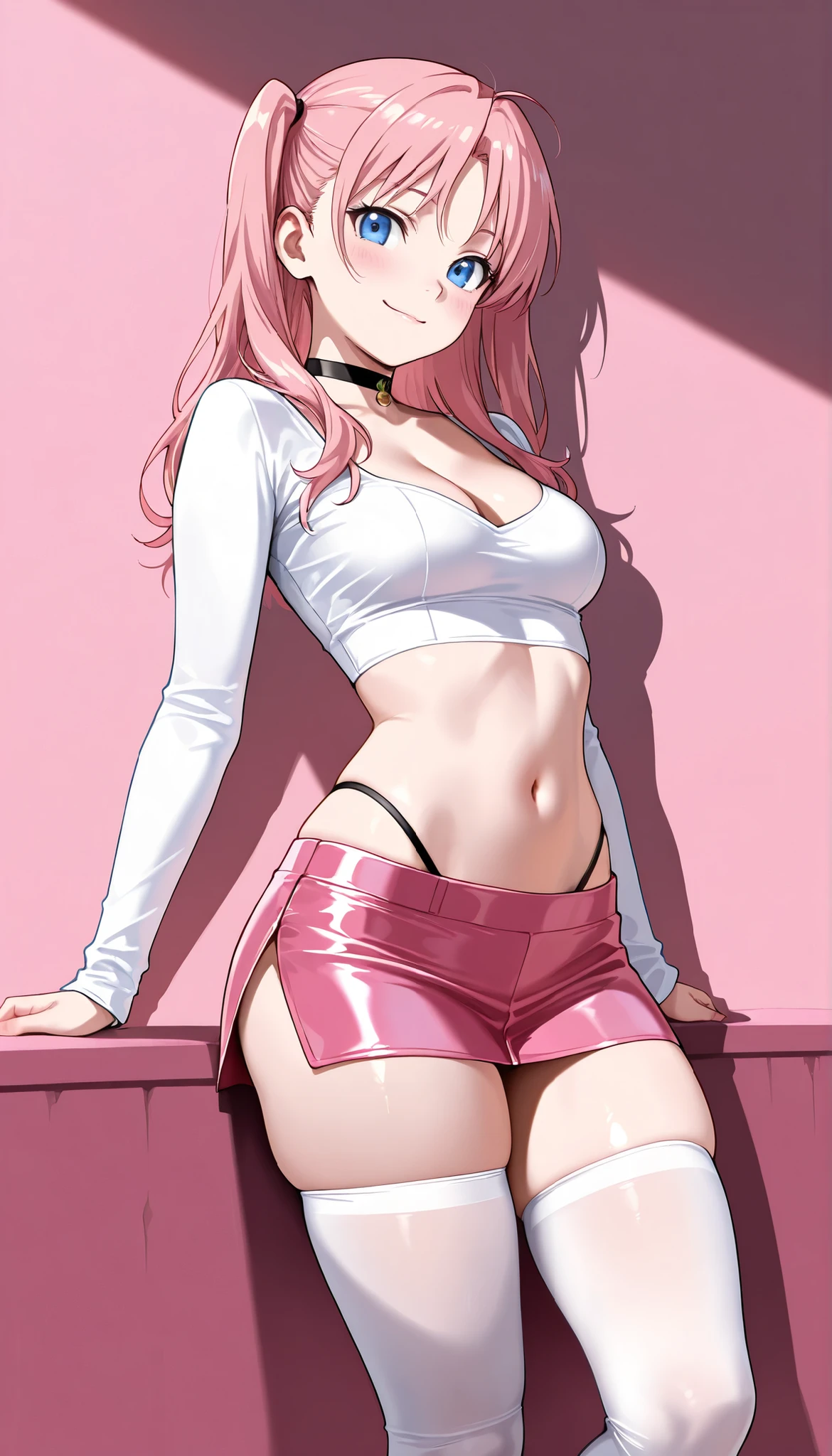 Jewelry Bonney Beautiful woman, striking smile, perfect body, with long hair in pink color, violet colored eyes, wearing pirate hat, with open white blouse and short shorts with suspender, showing transparent bra, large breasts, showing the ass, big bus, perfect silhouette, navel to show, black transparent pantyhose brown boot long barrel, 1girl, long_hair, smile, open_mouth, large_