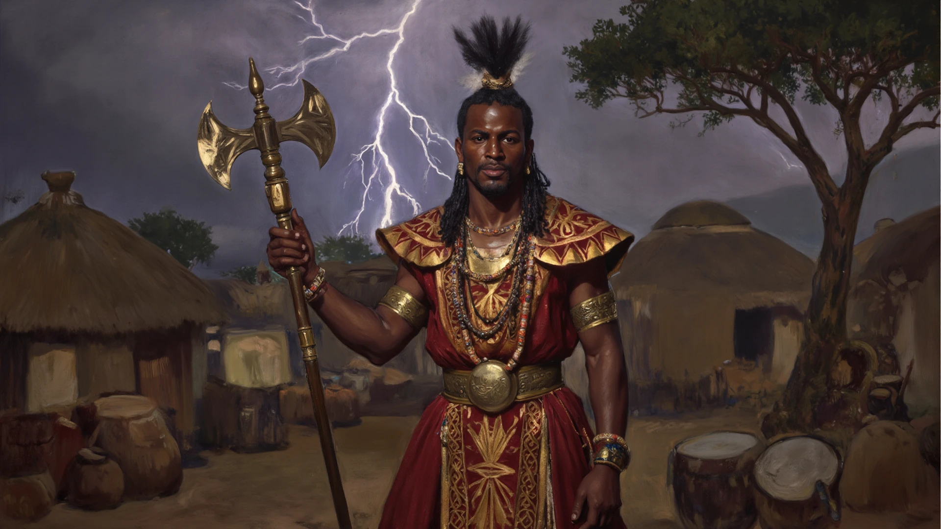 "A powerful and majestic depiction of Xangô, the Yoruba orixá of thunder, lightning, fire, and justice. He is shown as a strong, regal African man, wearing traditional Yoruba attire including a crown and vibrant red and white robes. Xangô is holding a double-headed axe (oxé) symbolizing his power. The background features a stormy sky with lightning bolts, representing his control over thunder and lightning. The scene is dynamic and filled with energy, highlighting his fierce and just nature."
