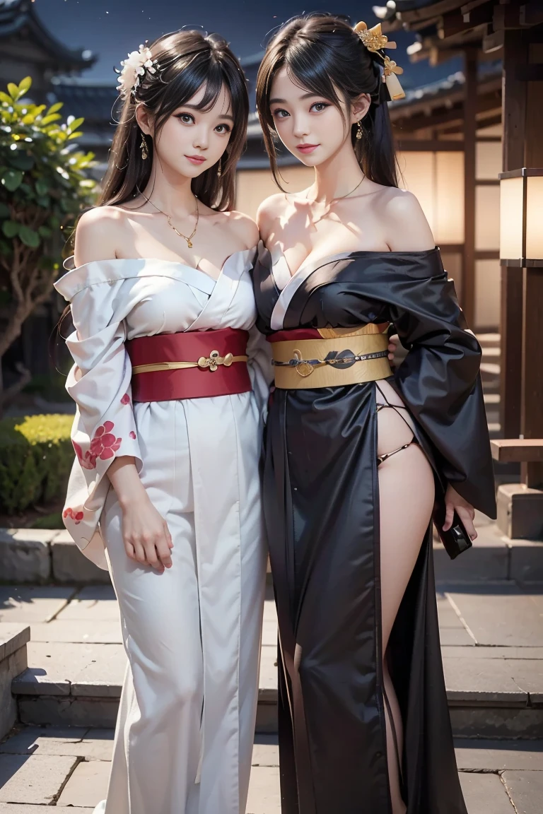 realisticlying,2girl,Blue hair,Red eyes,glowing light eyes,Cut the top,a skirt,parted lip,Be red in the face,the night,fresh flowers,suns,rays of sunshine,H-CUP large, Japan goddess, huge tit