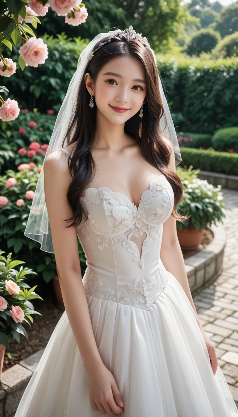 skyscraper, Highest quality, shape, Very detailed, In detail, High resolution, 8k wallpaper, Perfect dynamic composition, Beautiful details, Natural Lip, A gorgeous wedding dress and a tiara on her head , Big Breasts, Cleavage, She is smiling as she opens her legs in a sexy pose exposing her pussy.., A masterpiece of the whole body,