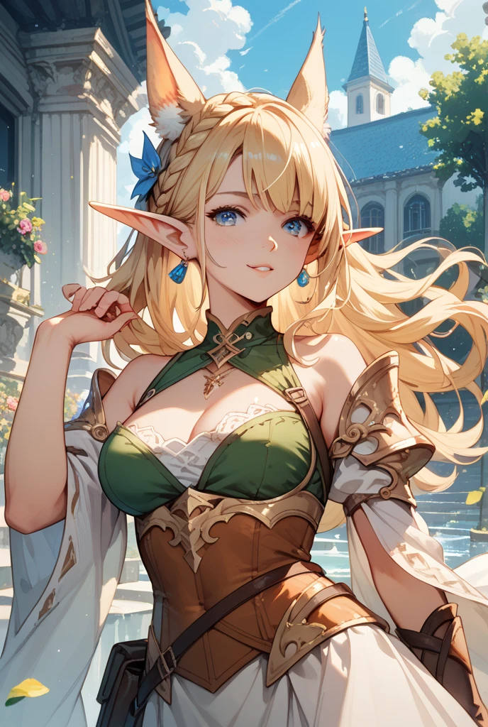 ((highest quality)), ((masterpiece)), (be familiar with), perfect face, gorgeous dress, wide open chest, blonde hair, rich hair, detailed fingertips, looking here, Upper body, shiny hair, Beautiful smile, white skin, High resolution, glittering costumes, standing position, mature adult woman, elf, pointy ears, Wide-brimmed hat, Put a Paisley scarf around her neck
