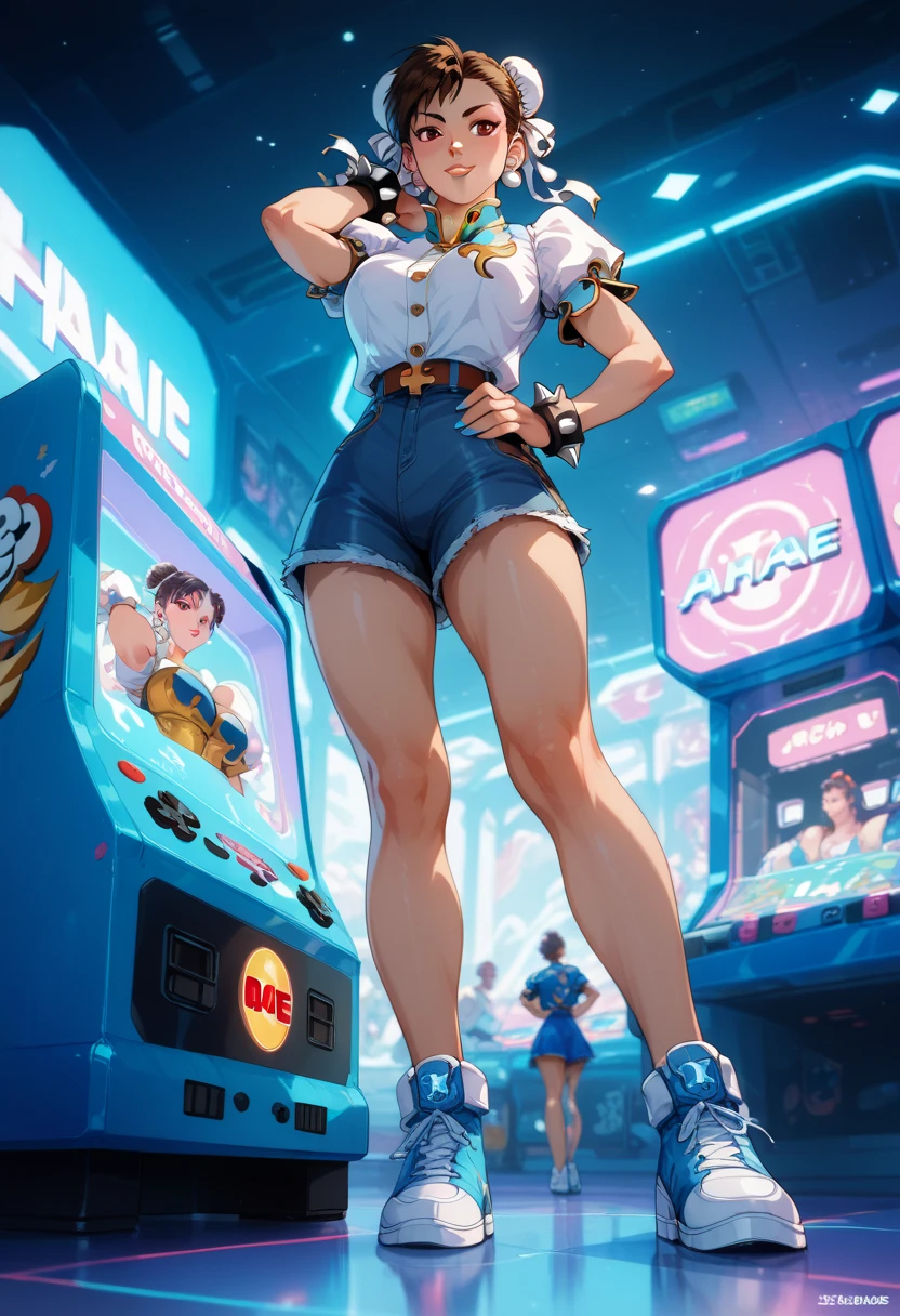 最high quality、best image quality、masterpiece、teenage girl((20-year-old、 By becoming、vest bust、medium bust,wide open breast tea、black eye, blonde hair、long hair、thin,highest valley、blue sports bra(1:2)、Blue sports pants、sweating、scattering of sweat、Flushed body、- And--Uppose、sexy)),high quality、beautiful art、background((arcade))debris flies、Depth of written boundary、movie、visual art、perfect art、8k,genuine、 sultry look, seductive,
