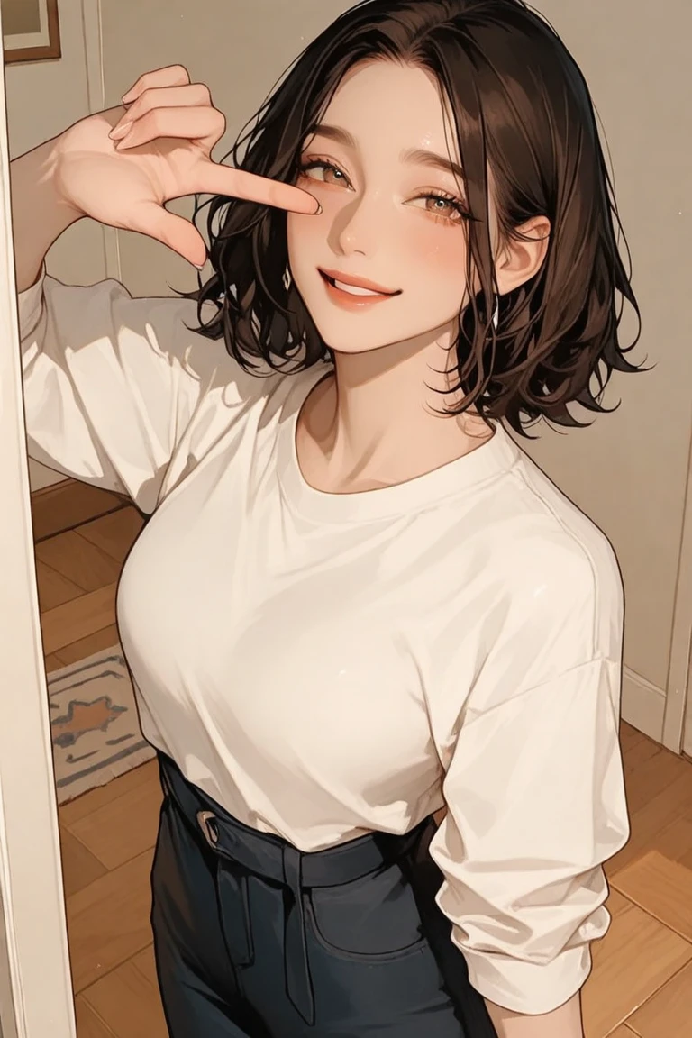 8k resolution,((Highest quality)), Ultra-high resolution,Adult women, alone, sexy, (A teasing smile), (Brown eyes), Beautiful and symmetrical face, (Brown cut medium hair),A loose long-hemmed sweater,decadent short shorts,stockings,sneakers,Realistic:1.4,Realistic:1.4,(masterpiece:1.2),Perfect Eyes,Perfect Eyes,Ample breasts,Provocative pose,Perfect Fingers