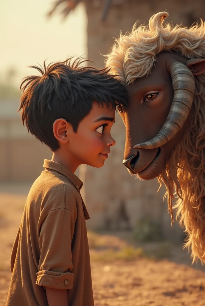 The boy is standing in front of a huge animal that is blocking the way of the people. The boy picks up a stone in his hand and prays. There is a look of faith on his face, and aggression on the face of the animal.