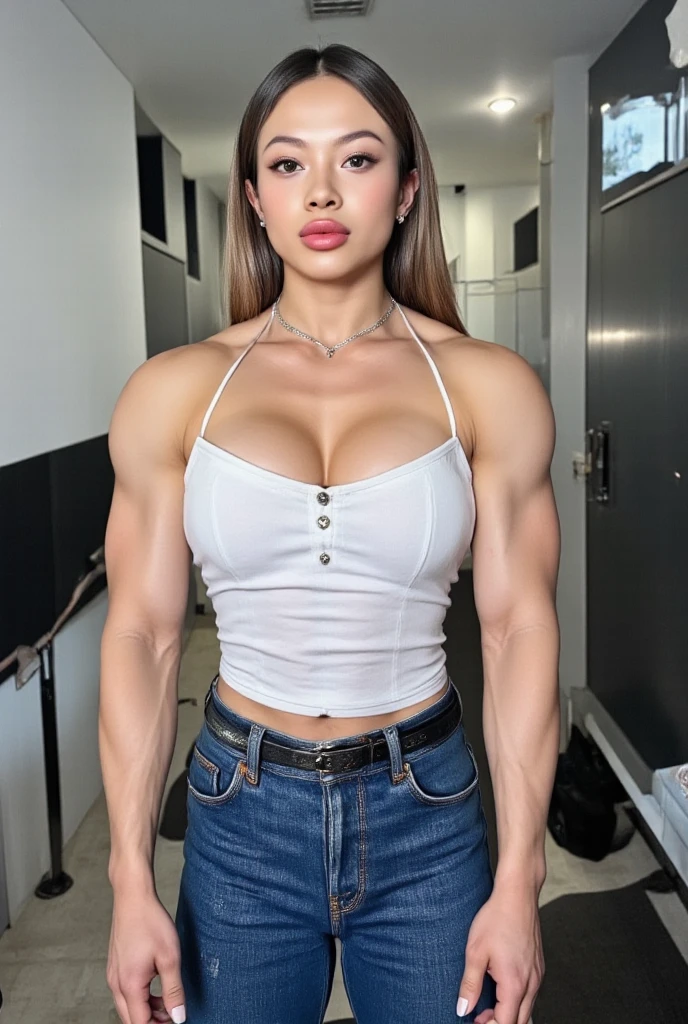 (lifrlikr, high - resolution: 1.3), 1 girl with a perfect body, super fine face and eyes, hair wavy bob, tank top of random colors: 1.2, short jeans, big boob, expose cleavage