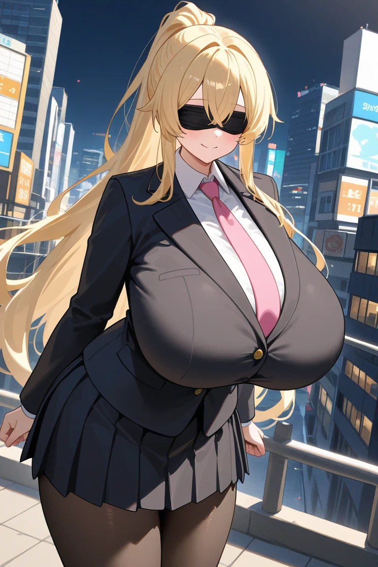lunatic, wide hips, gigantic breasts, looking at viewer, smile, ahoge, pleated skirt, blonde hair, cardigan, cityscape, <lora:lunatic-08:0.6>, <lora:tworship-10:0.6>