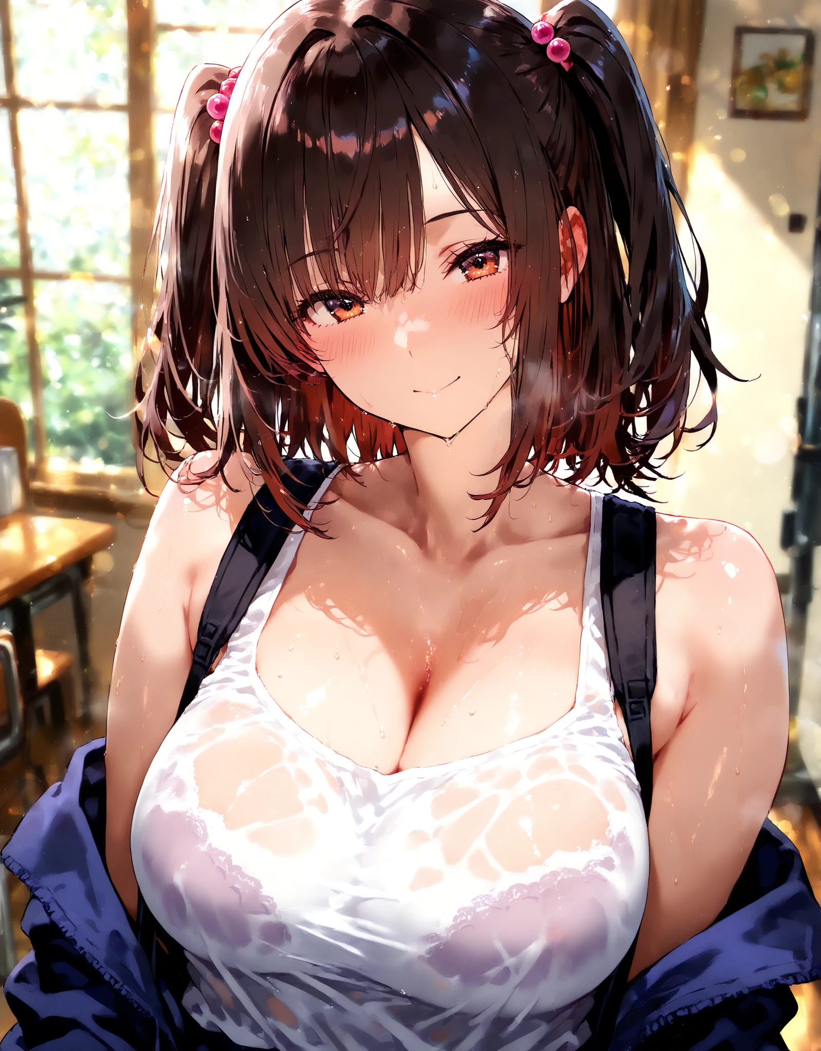 masterpiece,ultra detailed,1woman,off-the -shoulder short summer blouse,pattern skirt,standing,at tokyo,curvy body,medium straight hair,black hair,(tareme),happy smile,oval face,make up,mature seductive woman