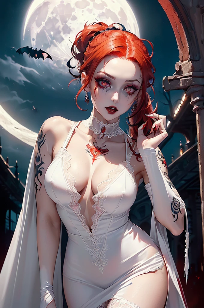A female vampire character with Ageless but looks like a young girl between 13 and 18 years old, Mysterious and cold personality, Pale skin, Beautiful and elegant face and cold eyes, Interested in human life, Wears an ancient red dress to emphasize the vampire theme, Has red long hair and blood-red eyes, using an elegant umbrella, Has small black vampire wings on her back, Has a red rose accessory on the right side of her hair (above her ear), Has elegant hair style and parted bangs that show the forehead, Has the anime coloring style.