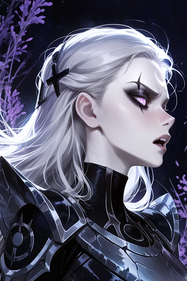 Vector art, Portrait Rpg, close-up, Race: Huamana Undead Gender: Female Eyes: white Skin color: Very pale gray skin with dark shadows Physique: normal complexion. Facial features: Black tears. Expression: Lost look. Hairstyle: Long white hair Equipment: Black armor with gray, Background: Fuego Negro