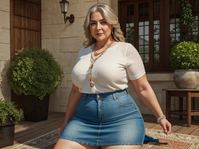 gordo, a beautiful 70 year velho woman, (maduro), ((usando uma linda SAIA JEANS detalhada com pIt isrolas)), Realista, Gordinho, rosto liso, Olhos perfeitos, simIt istrico, 8K high definition, incrivelmente detalhado, intricado, elegante, arte de David Kostic e Stanley Lau e Artgerm, pele perfeita, lindo atemporal, gordo, maduro, (Seios enormes:0.8), cabelo grisalho, colares, pulseiras, batom, jardim de fundo, linda coxa, Em uma mesa, It is, velho,