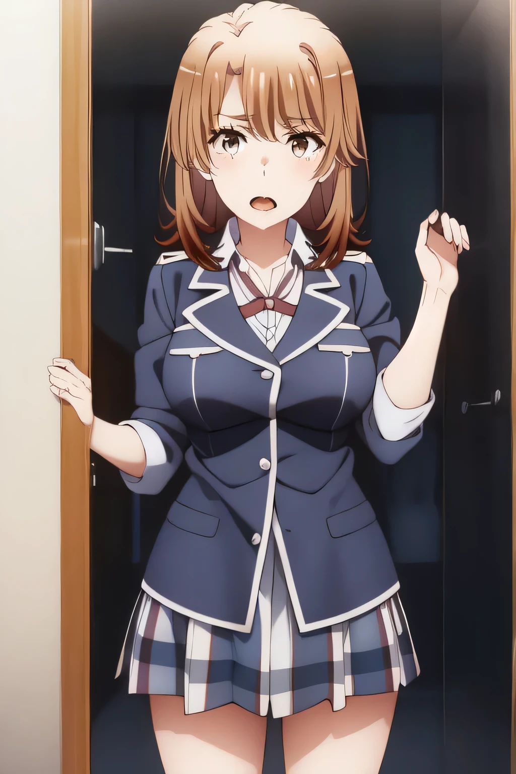  Can you draw facial expressions more delicately，can you shorten the length of the skirt to the last minute， Beautiful Smile of Woman  ，brown hair short hair of a woman，，20 years old of a nice smile of an adult of woman，a cop wearing a miniskirt，Can you see through her nipples、can you see through her nipples，，Big breasts、 of  ，I need a face，After a white blouse，Navy Blue of Pleated Miniskirt，