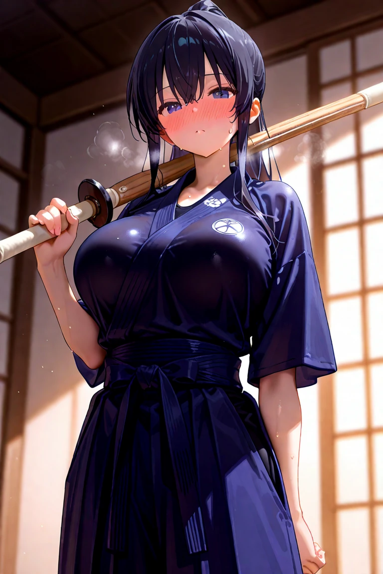 highest quality, Super detailed, masterpiece, Ultra-high resolution, 8k, Ridiculous, Cowboy Shooting, Focus on the girl, Embarrassing, blush, Lovely, Close one eye, With tears in her eyes and her mouth open, drooling, (arms behind head), (wariza),Classroom Background, (1girl, tenten \(naruto\), naruto \(series\)), (medium breasts), (sagging breasts),(huge nipples), Black knee socks,Thighs,Waistline, (high angle shot)