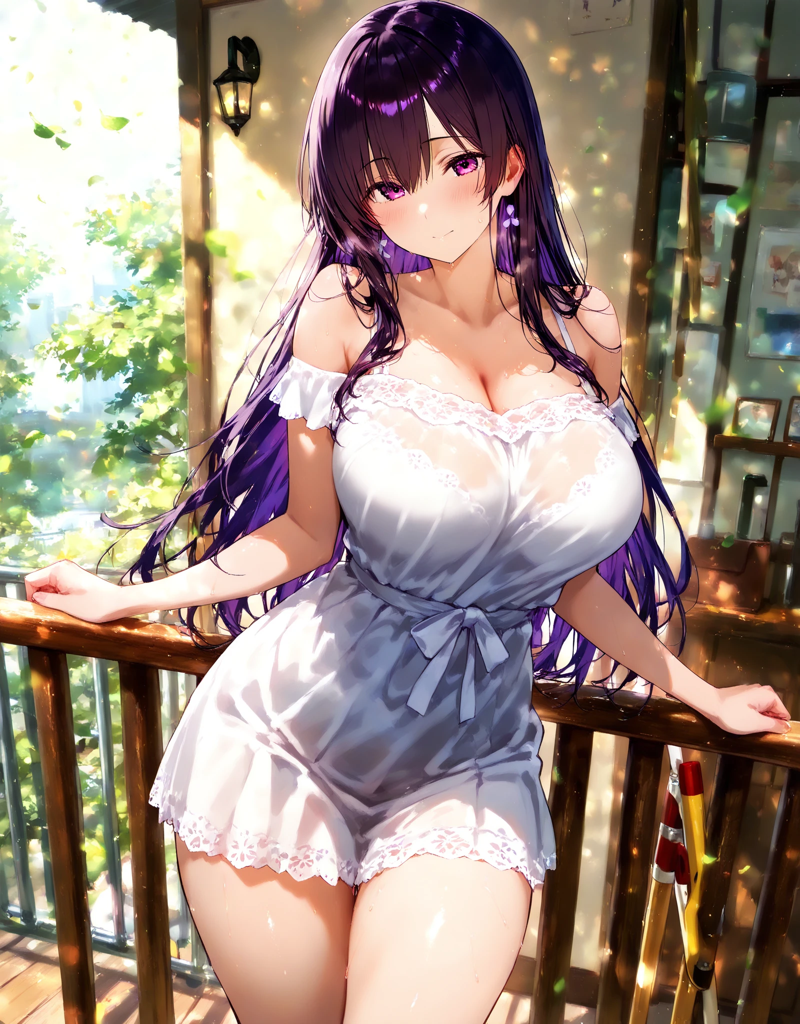 A cute woman (age 20, giga breasts, sheer night gown brightly colored, no underwear) is rolling in a field of flowers at night playing with her teddy bear, sultry poses to viewer