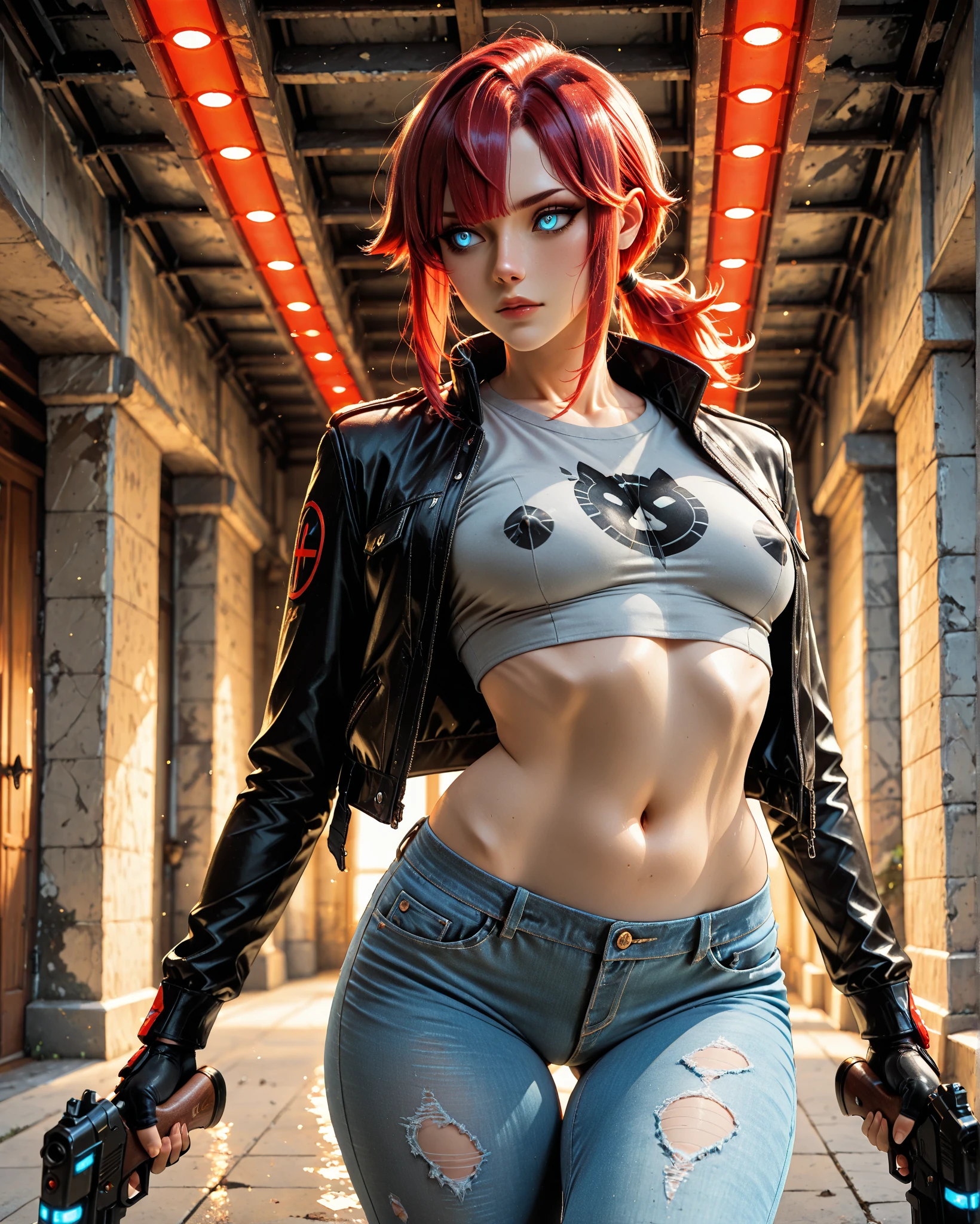 Masterpiece, best quality, amazing quality, absurdres, very aesthetic, lazypos, Photorealistic, 1girl, solo, (jesse_faden_(control):1.22), (jesse_faden),(control_(game:1.17), toned_female, athletic_female, red hair, blue eyes, bright blue eyes, low ponytail, short ponytail, black leather jacket, tight grey shirt, cropped shirt, (small breasts:1.17), nipple_print, braless, tight_jeans, black_denim, ultra_low_rise_jeans, bare_stomach, flat_stomach, Linea_alba, navel, v_lines, hip_bones, suggestive_clothing_gap, (bare_groin), thigh gap, strong thighs, (service_weapon_(control):1.23), weapon_handling, floating_hair, floating_clothes, (dynamic angle shot:1.22), combat_stance, trigger_discipline, interior, vintage_office, (office_building), concrete, brutalist_architecture, surreal_architecture, red lighting, epic, sparkle, particles, glowing 