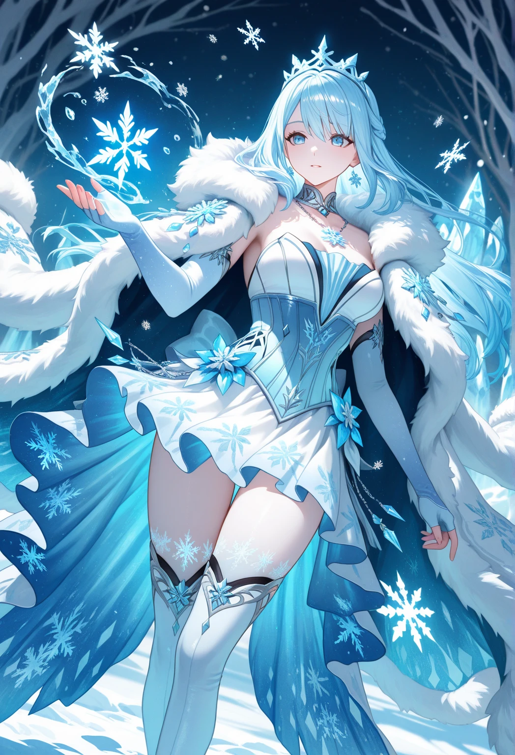 ((masterpiece, best quality)), Epic battlefield atmosphere,Delicate face,Snow Woman,winter,Snow Mountain,whole body,Standing picture,glowing white eyes,Large Breasts,Perfect body proportions,Pure white background,firefly,Snow,snowflake,Edelweiss,Lace,Transparent sex bikini