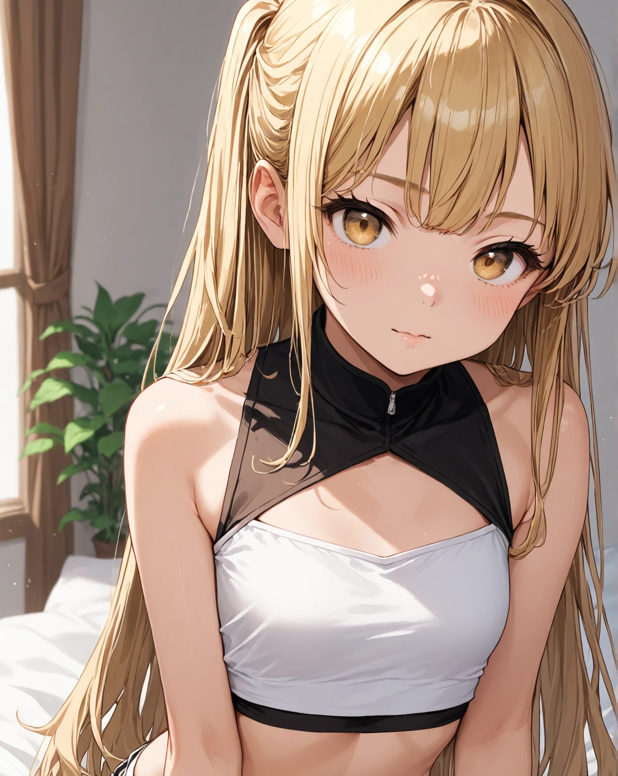 (((close up panties))), (I look up at the girls from the ground.)、(The girls who surrounded me and hugged me)、((A seductive wicked smile)), Yui、low length、(thin)、((5 years old girl))、(Transparent fair skin)、(((Elementary school girl)))、Blonde、Twin Tails、(Forehead)、Big eyes、Grey Eyes、Cropped tank top、(covered nipples), ((Angle from below)), Very short flared skirt、belly button、(Thighs), White panties, crotch、(Angle from the bottom of the girl), ((Girl squeezes me with her crotch))、(Squat)、Open your legs a little、((Crouching)), 