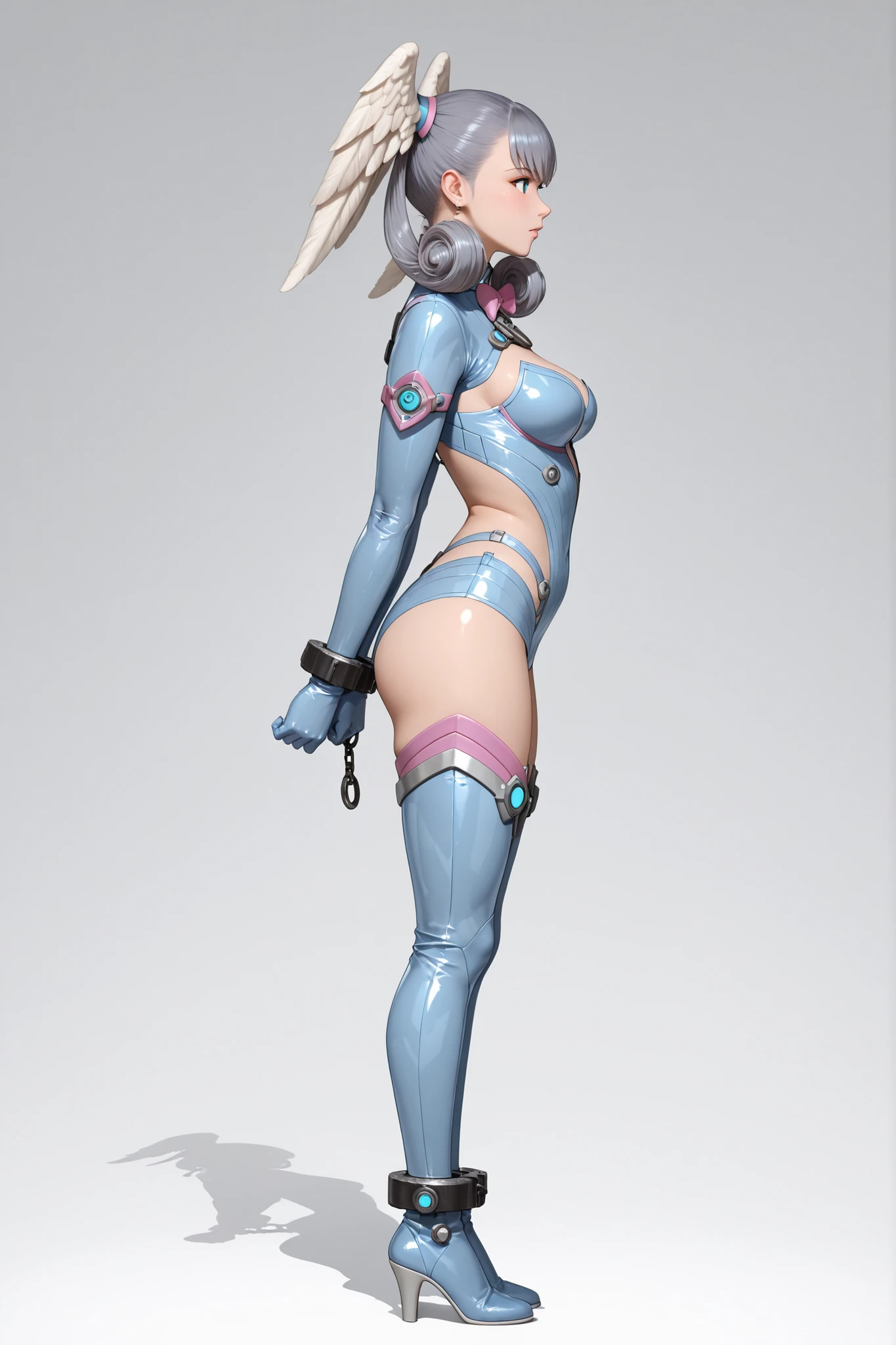 Generate an illustration of a mature (leviathan_megamanz), gym leader of megaman, leviathan_megamanz, 1girl, solo, blue eyes, android, helmet, thighhighs, holding a staff,  de terno preto, (gigantic breasts:1.4), blue and gray outfit in anime format with a serious style, (cape), blue tights, boots, gothic make up, masterpiece, ((dark lighting)), black background, puffy lips,slendered abs, beautiful face,